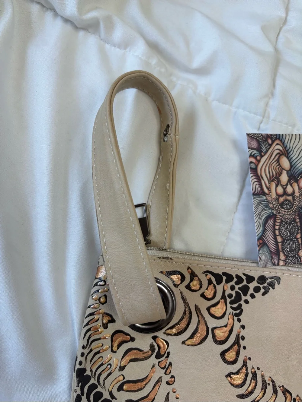 Wristlet Clutch in Taupe with Black and Metallic Accents. Hand painted